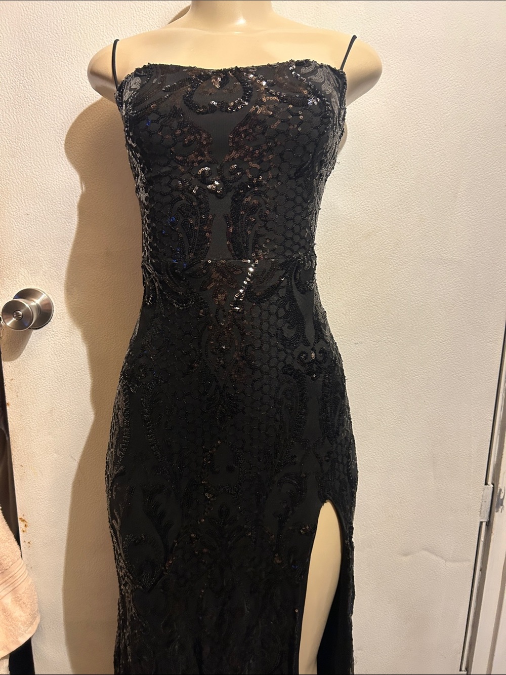 Black Strapless Sequin Evening Gown with Thigh Slit - Picture 3 of 14